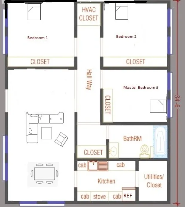 Floor plan 3 beds 1 bath
