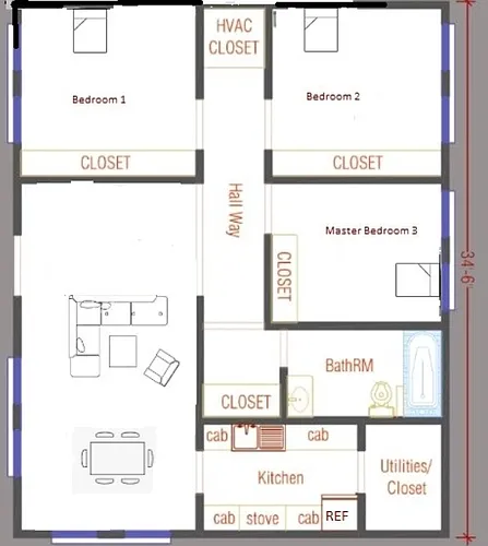 Floor plan 3 beds 1 bath