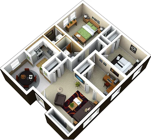 Floor plan 2 Bedroom with Study Area 1.5 Bath
