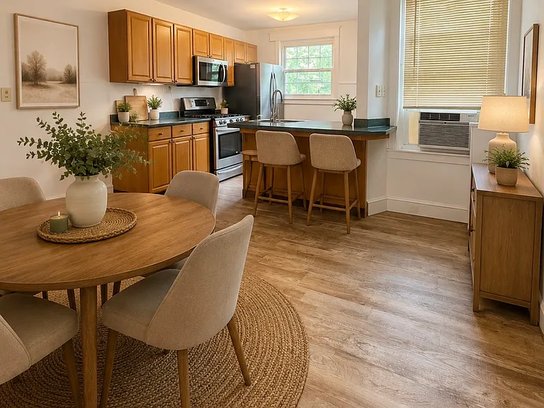 Dining Area - This photo features virtual staging (AI-generated furniture) to help show the potential layout of the room. The property is being rented unfurnished.