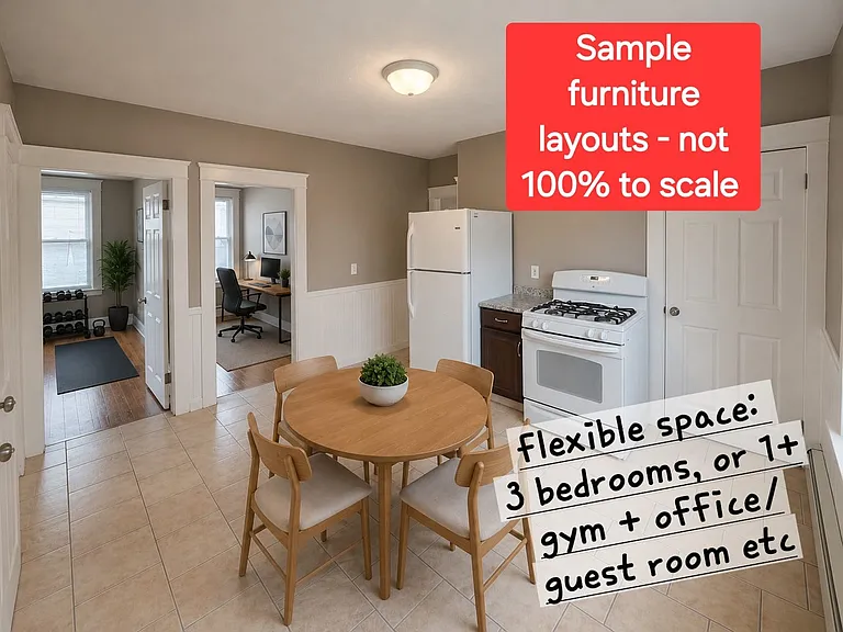 Convenient rear access leads up to your kitchen and pantry. AI sample imagine showcasing 2 bedrooms featured as home gym and home office. Furniture not to scale.