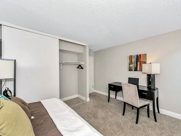 Spacious bedroom with neutral finishes, plush carpeting, and generous closet space.