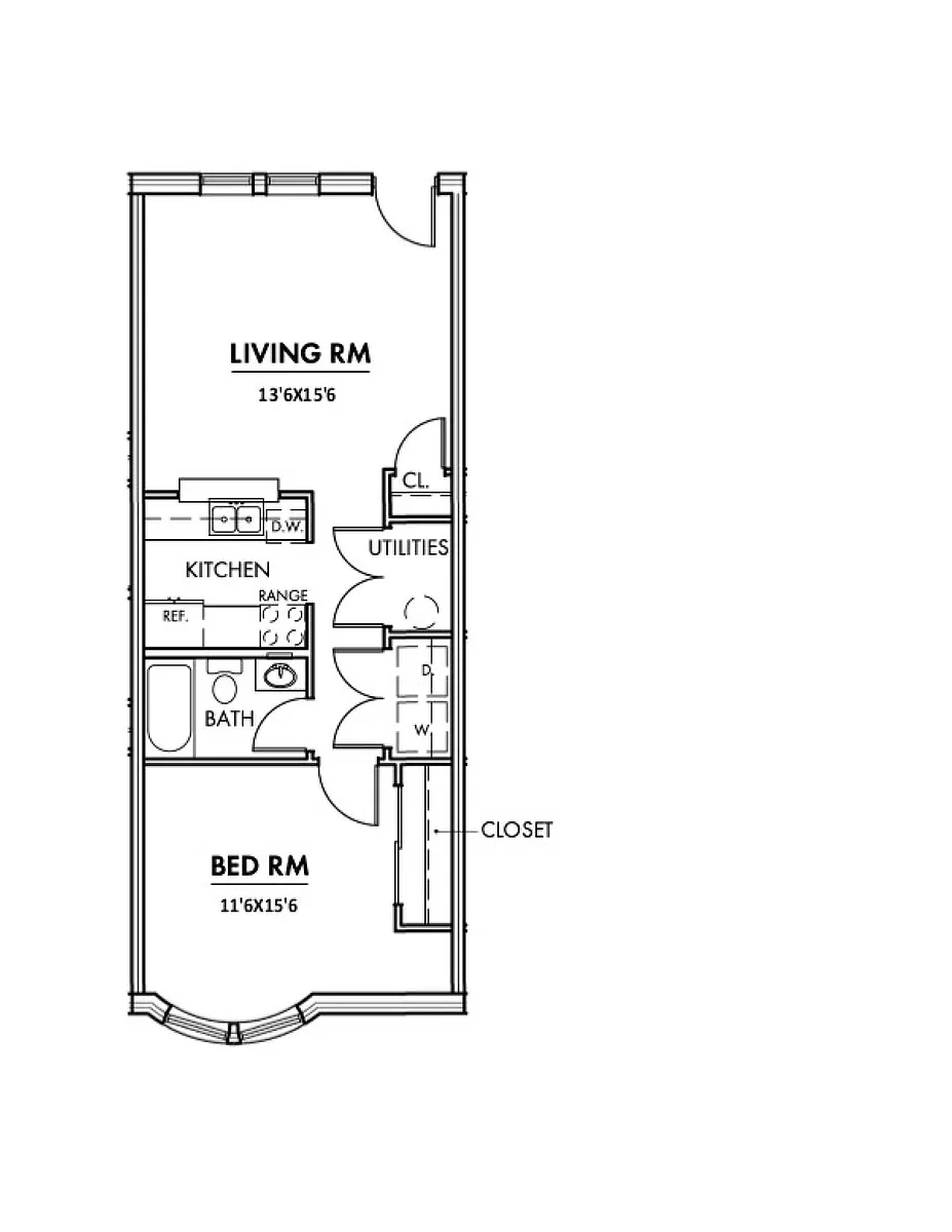 Floor plan 1 Bedroom 1 Bath - East