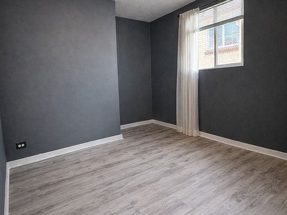 A spacious bonus room with modern gray wood-style flooring and rich charcoal accent walls, creating a cozy yet contemporary feel. Ceiling fan with overhead lighting and a large window provide comfort and natural light.