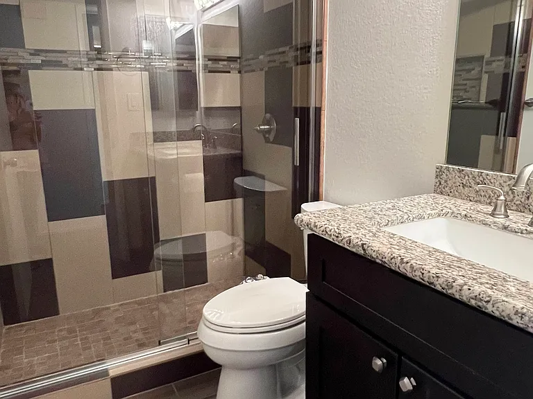 Chick and Stylish | Your second bathroom | Modern design shower with cool sliding doors, granite-top sink, and toilet with bidet.
