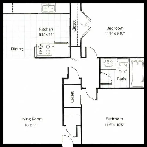 Floor plan Two Bedroom One Bath