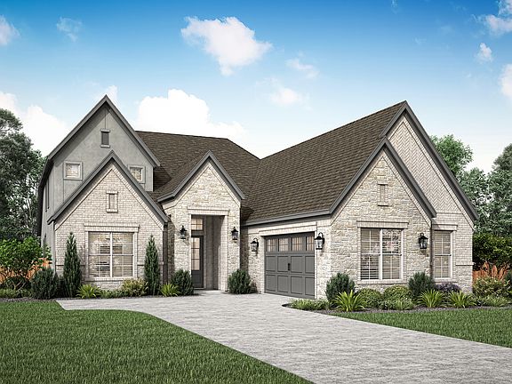 Rendering of the Oakmont with a side-entry garage and a stunning exterior design.