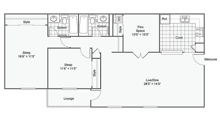 Floor plan 2 Bed 2 Bath Washer Dryer