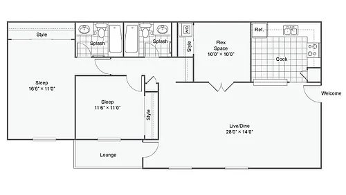 Floor plan 2 Bed 2 Bath Washer Dryer