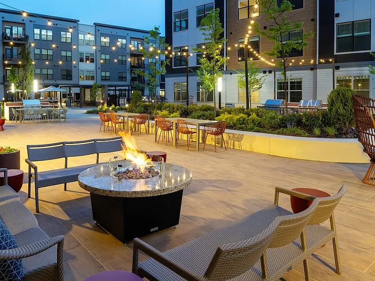 3 Campus courtyard with fireplace and lounge seating