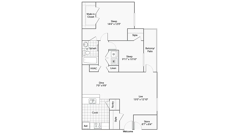 Floor plan 2 Bed 1 Bath Washer Dryer A