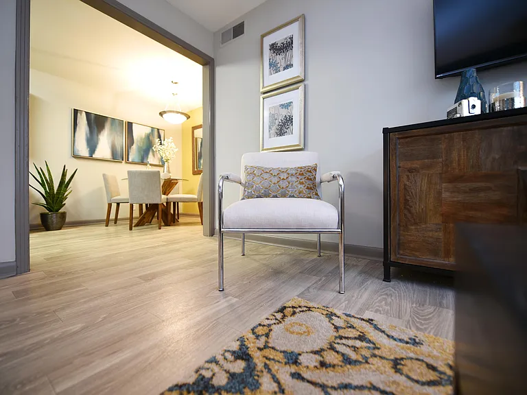Spacious living room with hardwood-style flooring