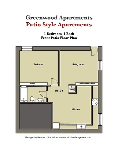 Floor plan 1br 1 bath FRONT Patio Version