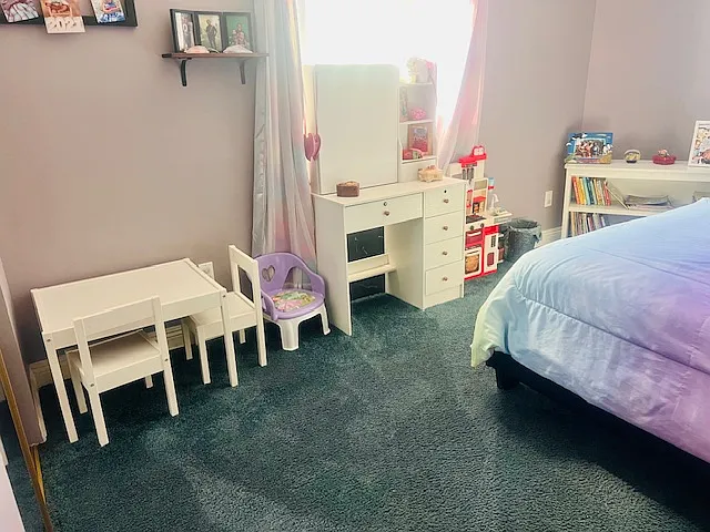 Bedroom #4: Full size bed, Nite stands w/ 3 drawers, Black-out curtains, Spacious closet, Vanity, Portable fan, Toddler table