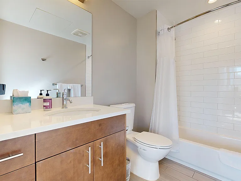 Apartment bathroom with wood-style flooring.