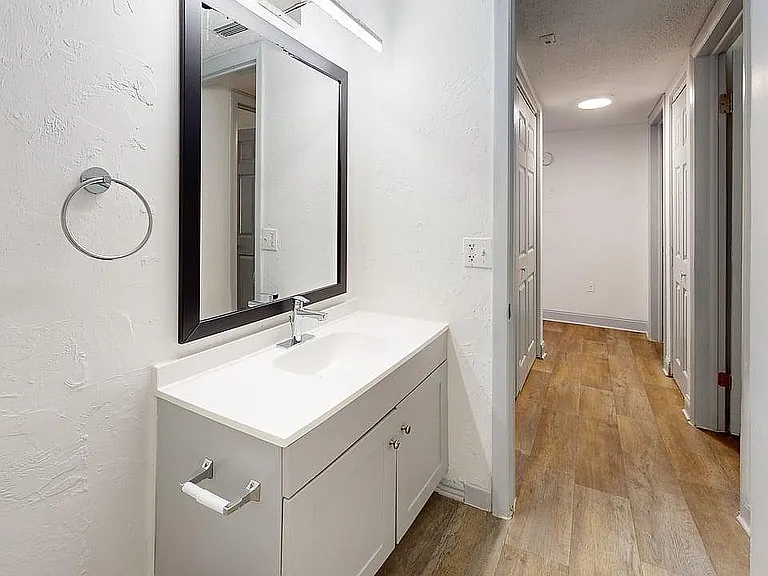 Elegant bathroom vanity with a large mirror, modern sink, and stylish hallway with wood flooring in a bright, inviting apartment.