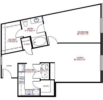 Floor plan Traditional 1x1 856-1100 SF