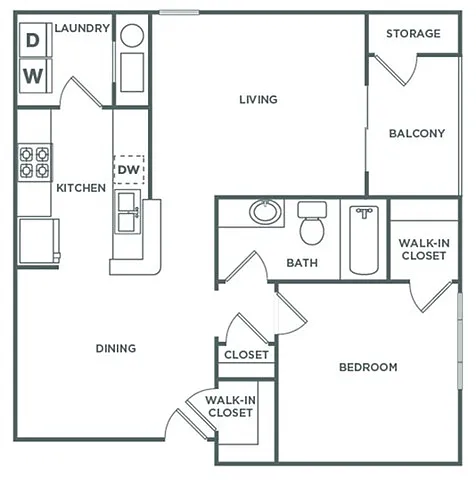 Floor plan One Bedroom One Bath (810 SF)