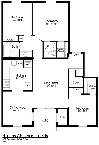 Floor plan 3BR 1.5BA (965sf)