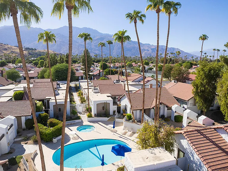 Drone view of pool just steps from front patio of Casa Autry