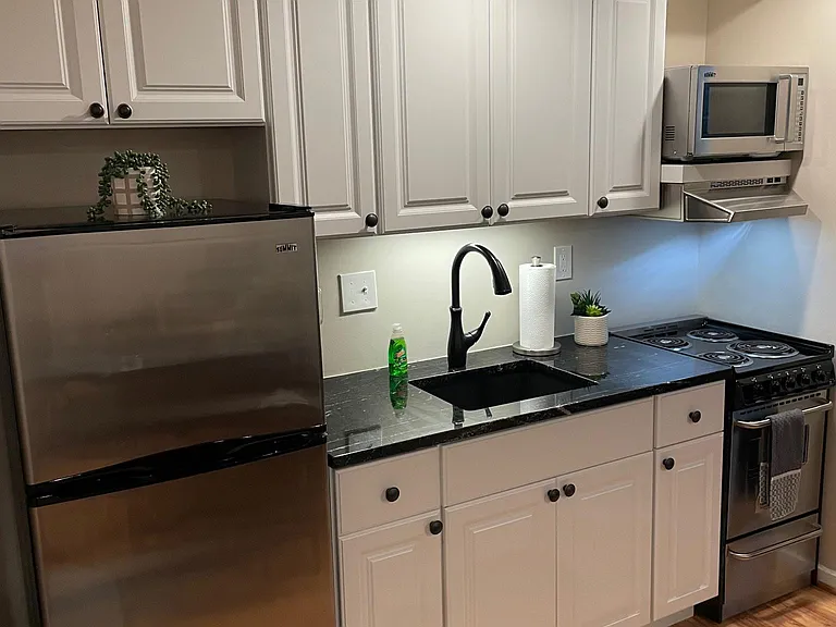 Stainless steel appliances and granite countertops