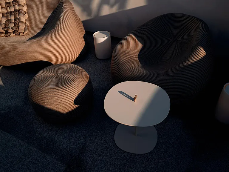 Outdoor Terrace Lounge_ This intimate seating area on the outdoor terrace features luxurious, weather-resistant furnishings from Paola Lenti, designed for both comfort and style.