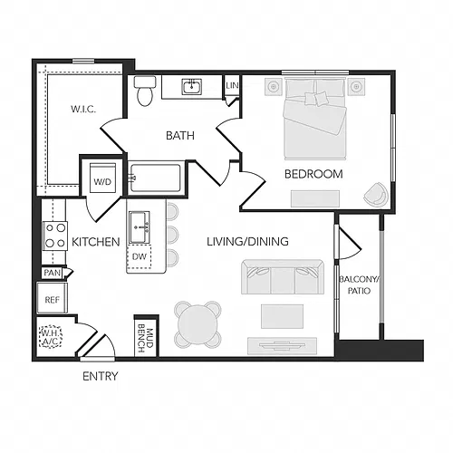 Floor plan 1BR 1BA (765 SF)
