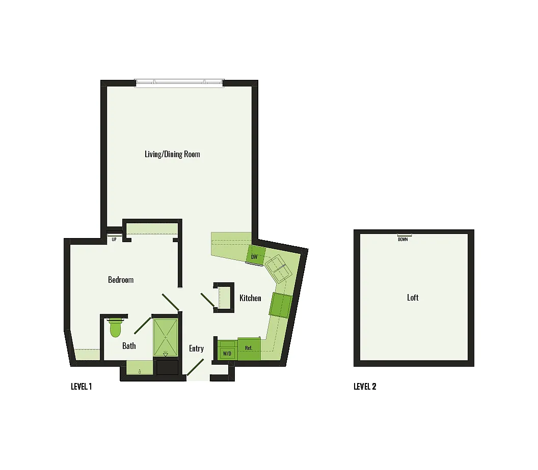 Floor plan 1 Bedroom, 1 Bathroom with Loft - 850 SF
