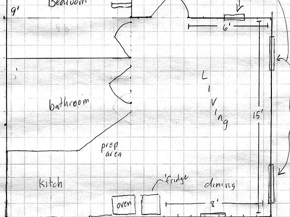 House floor plan minus loft which is 8ft x 8ft, or 64 Sq.ft. It has a maximum height of 3 ft.