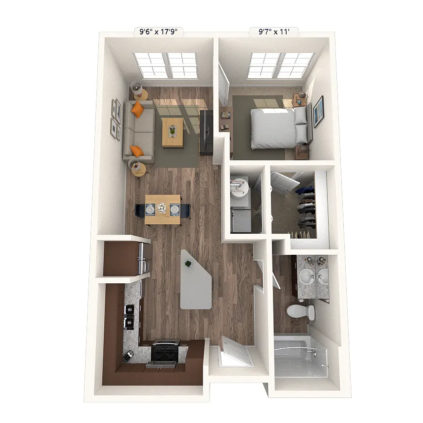 Floor plan Traditional 1x1 591-613 SF