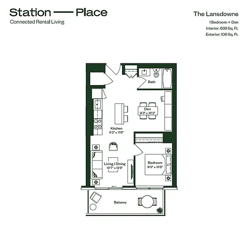 Floor plan 1606 -1 Bedroom + Den (The Landsdowne)