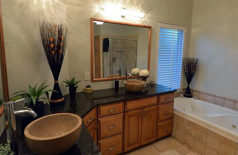Master bath with double vessel sinks and jacuzzi tub and walk-in shower
