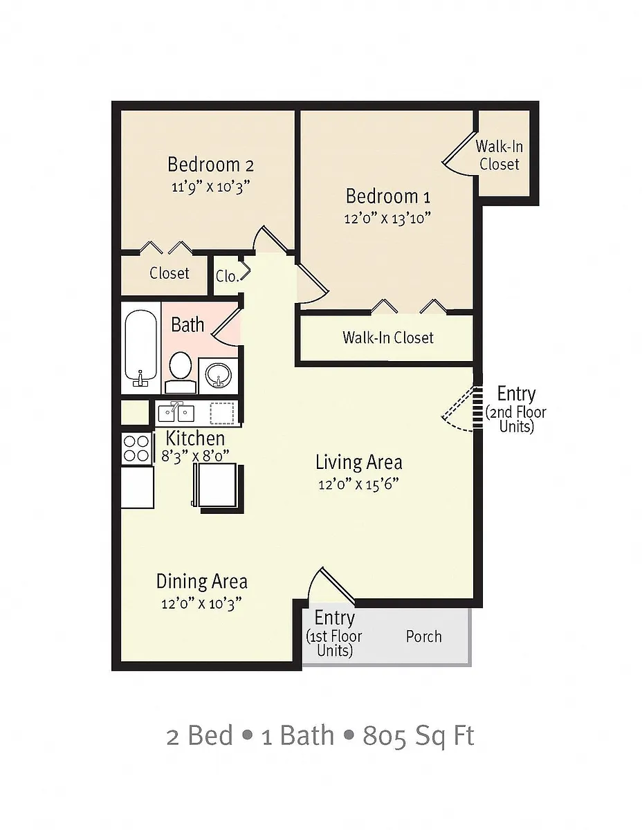 Floor plan 2 Bedroom/1 Bath