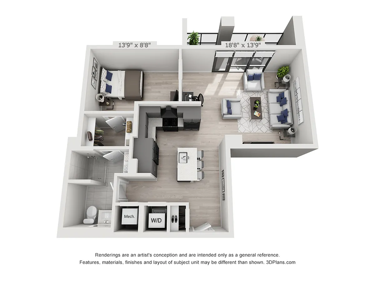Floor plan One Bedroom One Bath Penthouse (781 SF)