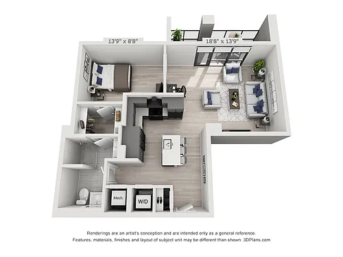 Floor plan One Bedroom One Bath Penthouse (781 SF)