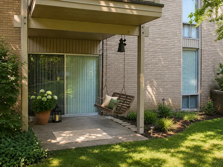 Stamped patio off the family room with a porch swing.