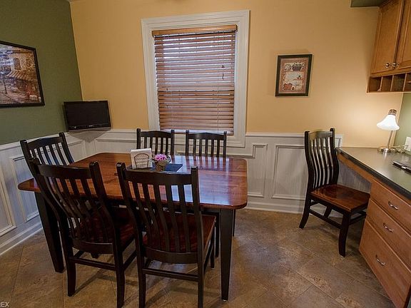 The Breakfast area with wainscoting and desk area is inviting and cozy.