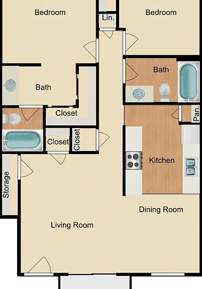 2 Bed 2 Bath Floorplan Diagram