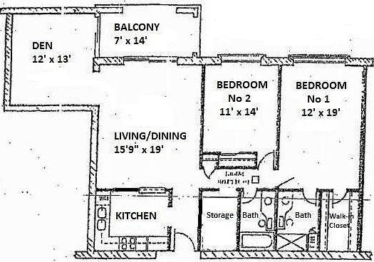 1369 square foot 2 bedroom 2 bath with living/dining room and den