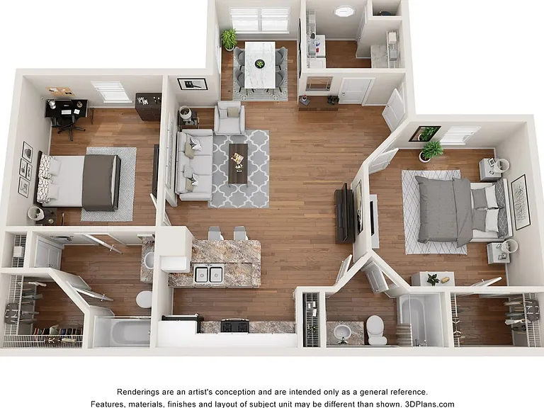 A 3D floor plan rendering of the 2 bedroom, 2 bathroom floor plan