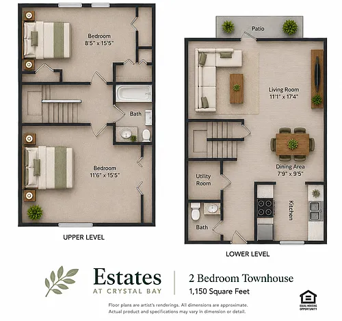 Floor plan Two Bedroom 1.5 Bath Townhouse 1150 sq ft