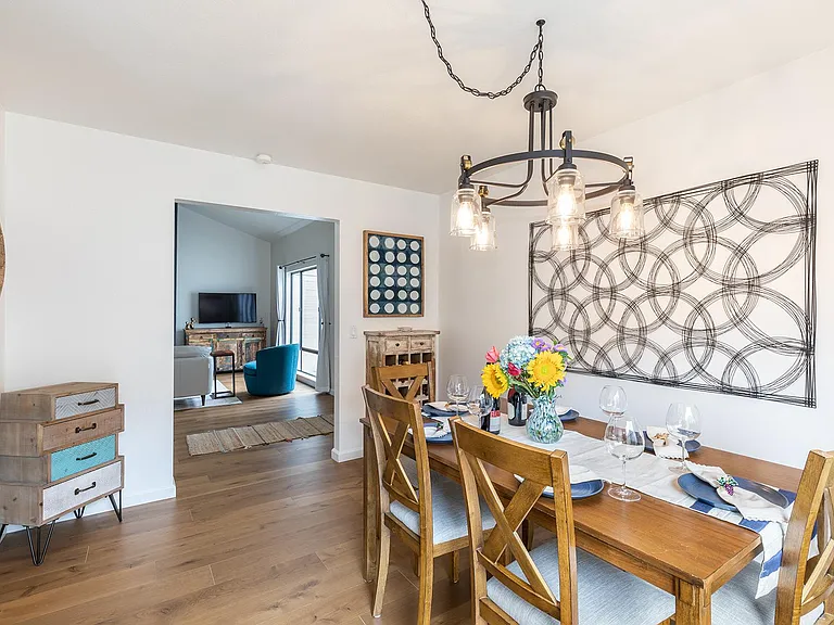 Spacious dining area with wine rack