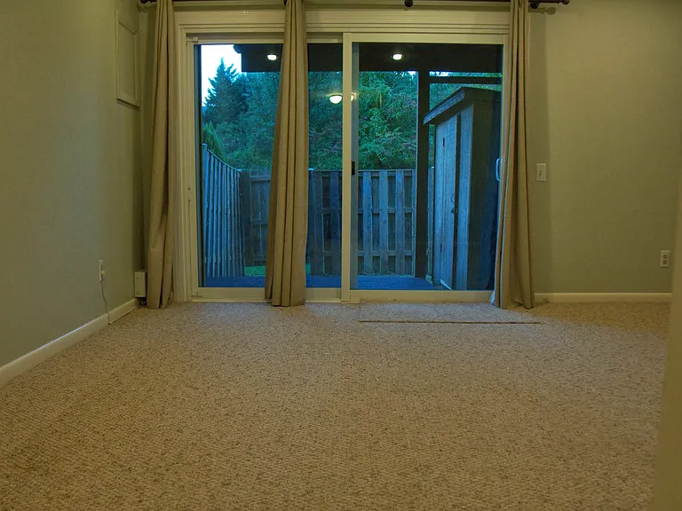 Basement, with sliding glass door leading out to the backyard and shed.