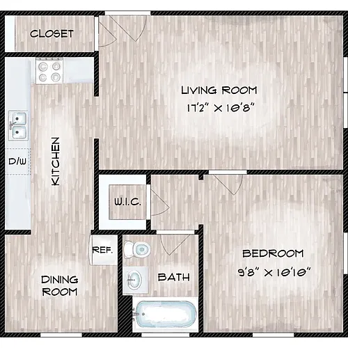 Floor plan Corner One Bedroom