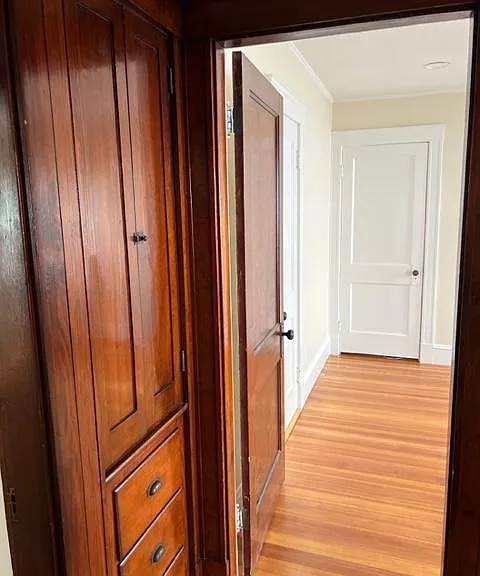 Built in cabinet in hallway for linens and other storage.