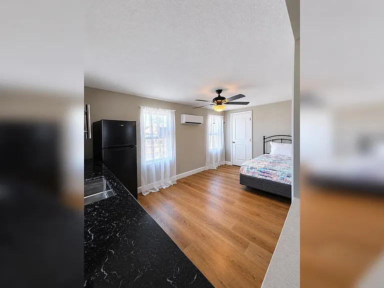 Spacious bedroom with wood-style floors, ceiling fan, two windows, and a mini-split A/C; kitchenette area with sink and fridg
