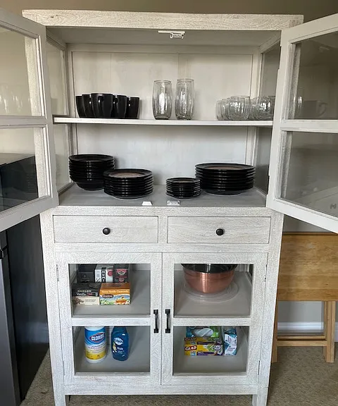 Dishes, Mugs, Glasses, Flatware, cutting board, knives, bowls, cleaning supplies, etc.