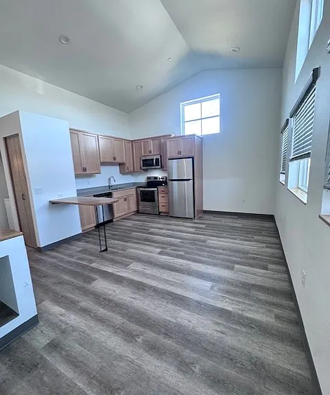 Beautiful open concept kitchen with stainless steel appliances and tons of natural light.