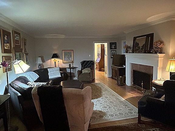 Den and wood fireplace
