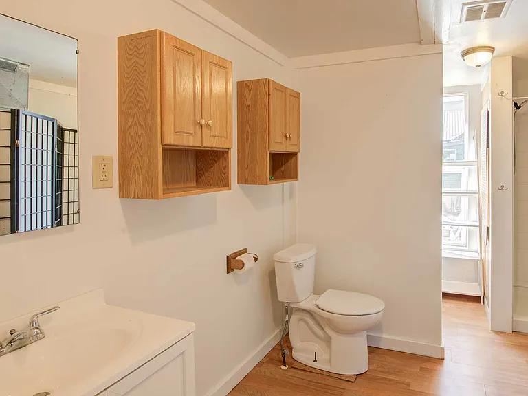 The primary bathroom (shown) includes a vanity, shower and storage cabinets.